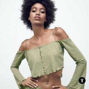 NWT Zara Flowy Tank Top Tie Shoulders Spaghetti Straps Long Sleeve Green Small